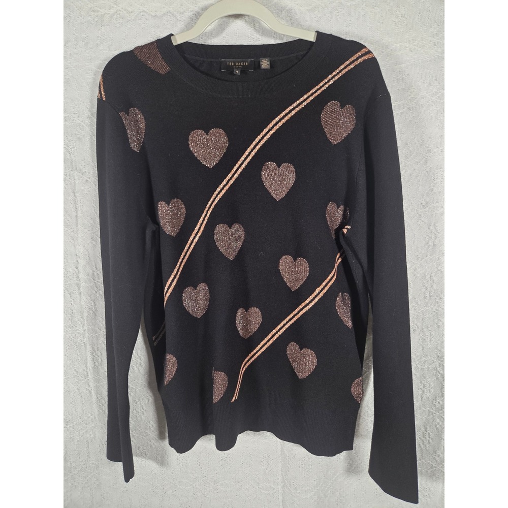 Ted Baker London Black Rose Gold Metallic Novelty Heart Print Sweater Size 4